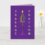 Cartão de saudação Shabbat Shalom Menorah<br><div class="desc">Esta menorah muito colorida e divertida está acesa e canta sua mensagem feliz. O cartão interior com a área de data está bordado e coordenado para o seu prazer escrevendo. Shabbat Shalom! ~ karyn</div>