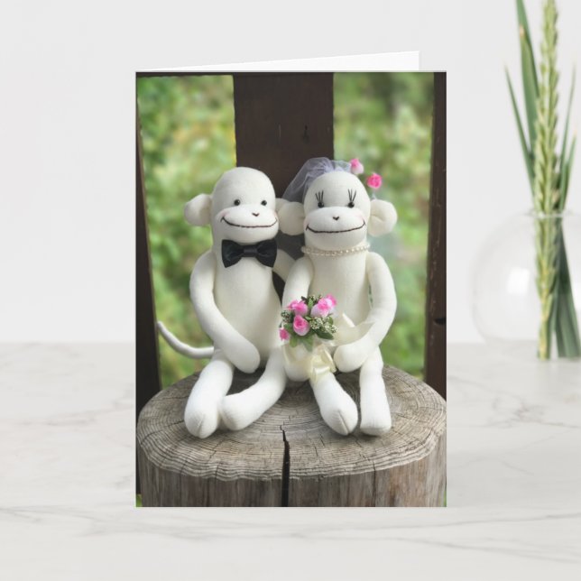 Cartão de Saudação Sock Monkey Wedding (Rosa) (Frente)