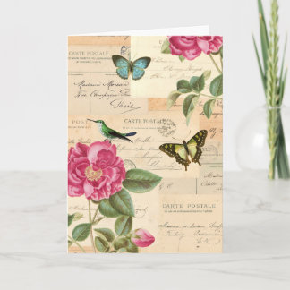 Cartão de saudação vítreo com rosas e borboletas