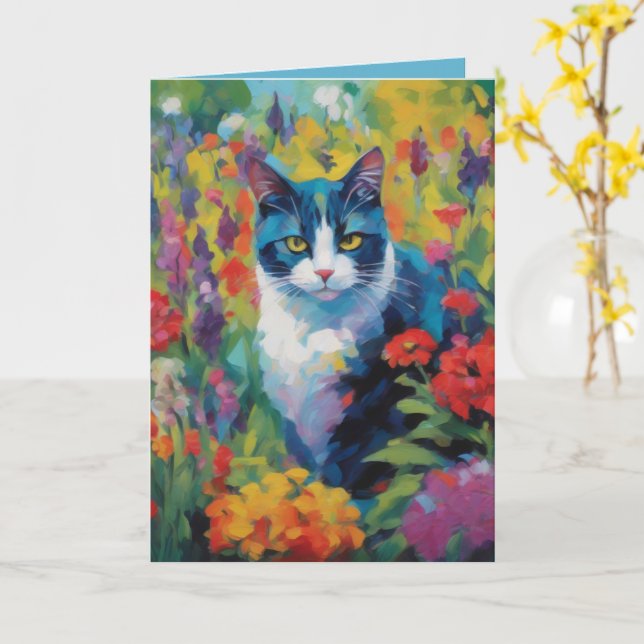 Cartão de Saudações Gato entre Flores (Flor Amarela)