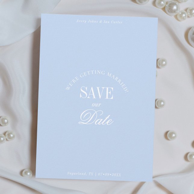 Cartão de Save the Date Azul Pastel Clássico e Ele (Criador carregado)