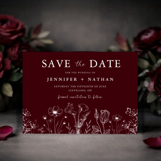 Cartão de "Save the Date" Burgundy com Floral Eleg (Criador carregado)
