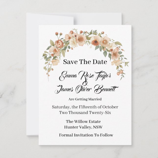 Cartão de Save the Date com Arco Floral Romântico (Frente)