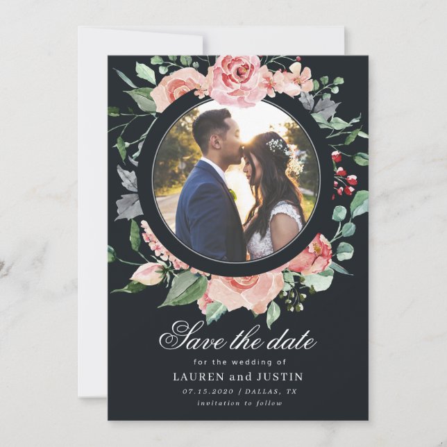 Cartão de Save The Date com foto floral midnight b (Frente)