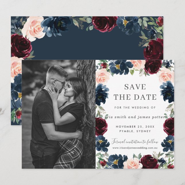Cartão de Save the Date com Foto Floral Rosa e Beg (Frente/Verso)