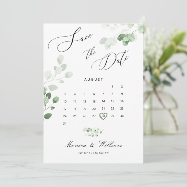 Cartão de Save The Date de casamento com folhagem  (Em pé/Frente)