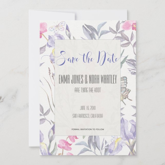 Cartão de Save the Date de Casamento com Íris Roxa (Frente)