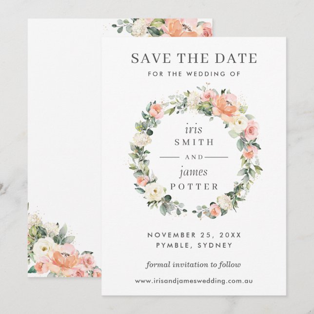 Cartão de Save the Date de Casamento Floral Rosa M (Frente/Verso)