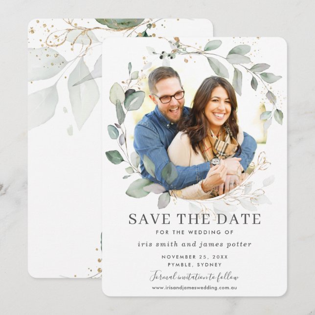 Cartão de Save the Date de Foto com Folhas Verdeja (Frente/Verso)
