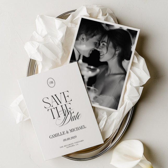 Cartão de Save the Date de Fotografia de Casamento (Elegant Monogram Wedding Photo Save the Date Card)