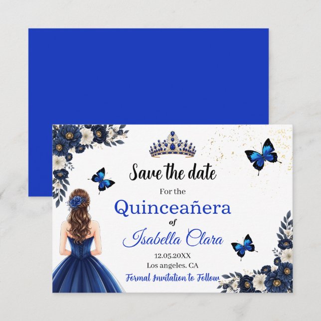 Cartão de Save the Date de Quinceañera Borboleta A (Frente/Verso)