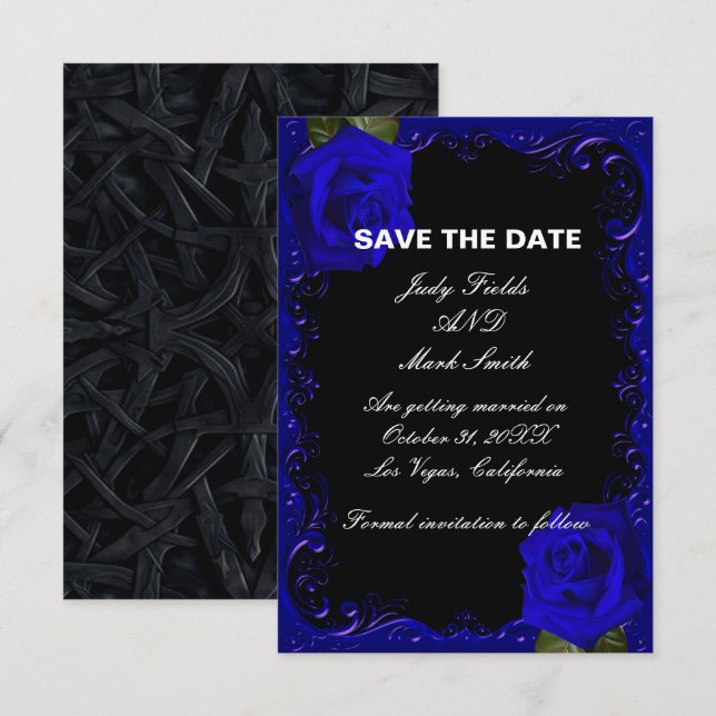 Cartão de Save The Date de Rosas Azuis Goth Elegan (Frente/Verso)