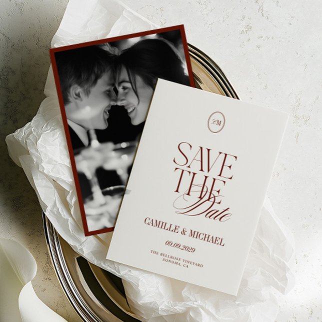Cartão de Save the Date de Terracota Profunda e El (Elegant Deep Terracotta Photo Save the Date Card)