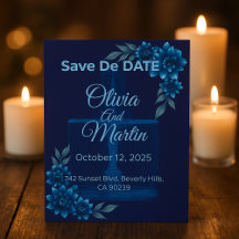 Cartão de Save the Date Floral Azul Elegante