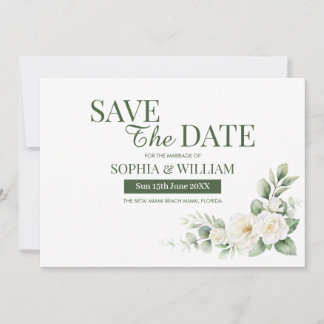 Cartão de Save the Date Floral Branco Verde Salvia