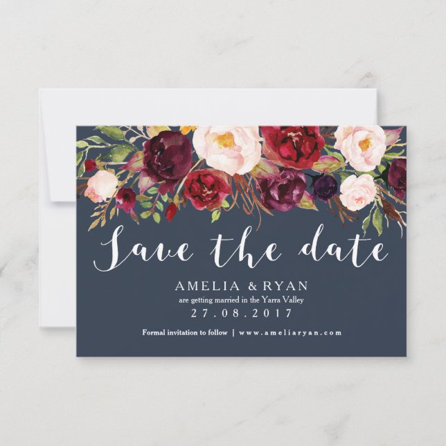 Cartão de Save the Date Floral Burgundy Navy (Frente)