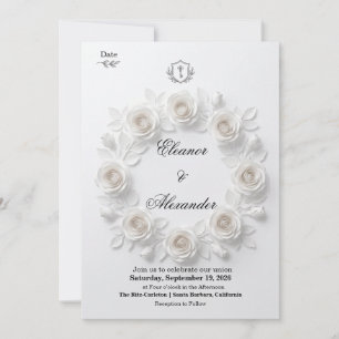 Cartão de Save the Date Floral Circular Branco Ele