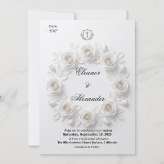 Cartão de Save the Date Floral Circular Branco Ele