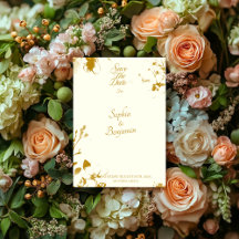 Cartão de Save the Date Floral de Marfim e Dourado