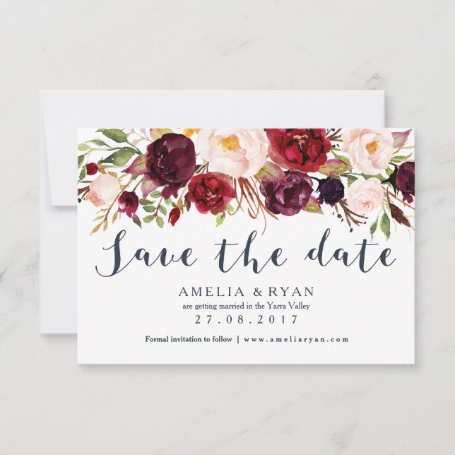 Cartão de Save the Date Floral Navy Burgundy (Frente)