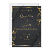 Cartão de "Save the Date" Floral Preto e Dourado E