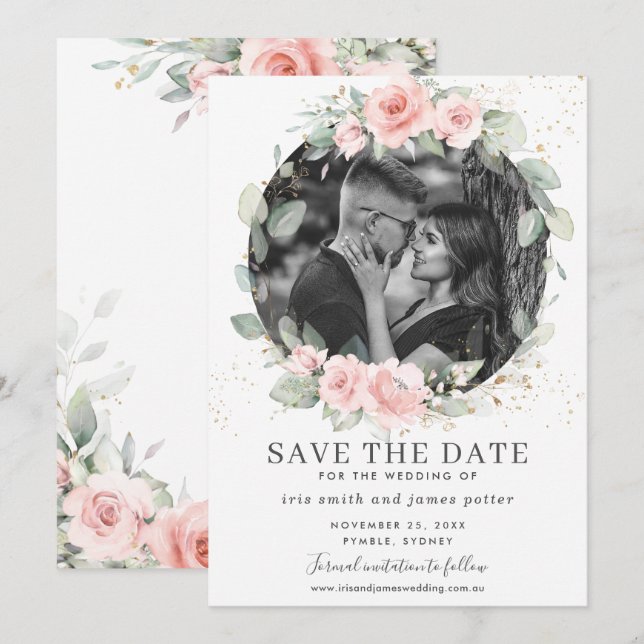 Cartão de Save the Date Floral Rosa Blush Chic (Frente/Verso)