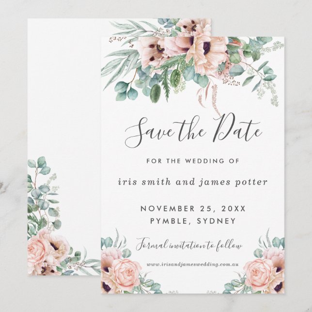 Cartão de Save the Date Floral Rosa Chic Blush (Frente/Verso)