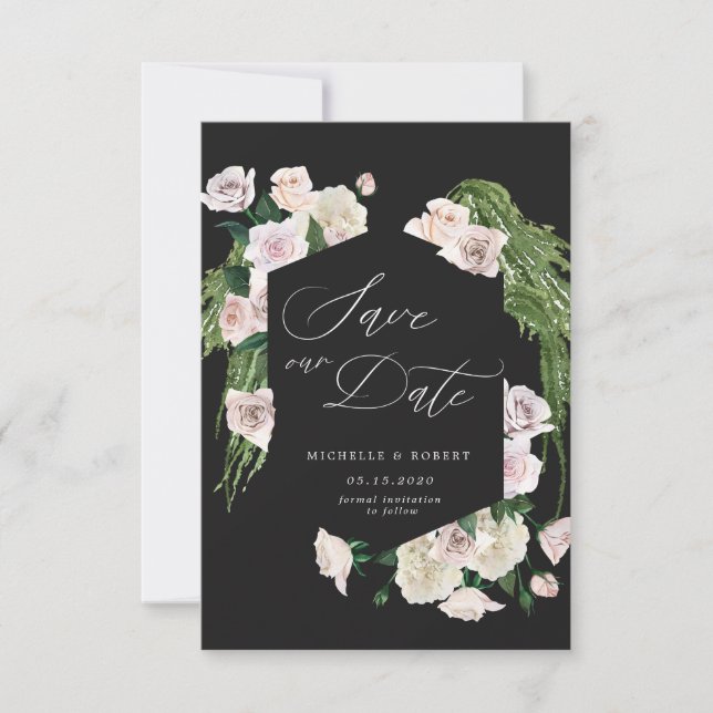 Cartão de Save The Date floral sofisticado rosa Bl (Frente)