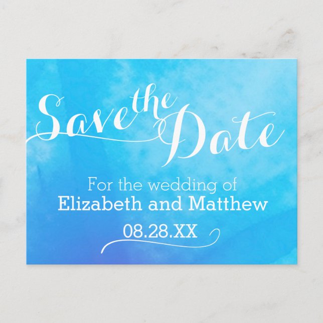 Cartão de save the date pintado com aguada de aqua (Frente)