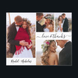 Cartão de Script de Foto do Orçamento Casamento de<br><div class="desc">Orçamento, Colagem de Fotos Minimalista de Casamento 4 Mínima de Script Elegante Agradecemos a você a placa fina de baixo orçamento de barato personalizada. modelo de cartões de agradecimentos de casamento com quatro fotos na frente e uma foto na parte traseira. Com o texto "Amor e obrigados" em uma letra...</div>