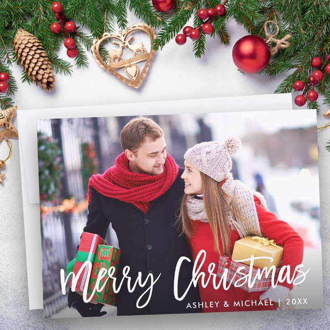 Cartão de Script de Pincel Moderno de Foto Feliz N (Customize to add text to back of card.)