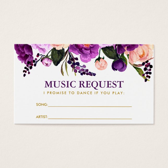 Cartão de Solicitação de Música Dourada Roxo Flora (Frente)