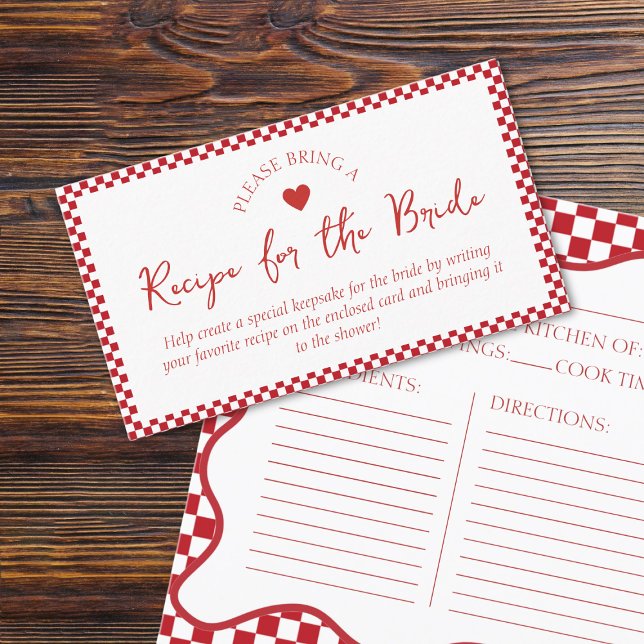 Cartão de Solicitação de Receita para Mais Chá de  (Invite guests to share their favorite recipes with this adorable, red-checkered bridal shower card.)
