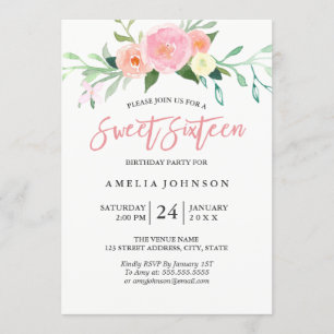 Cartão de Sweet Sixteen com Aquarela Floral Botâni