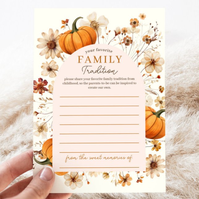 Cartão de Tradição da Família de Chás de fraldas d (Fall Pumpkin Baby Shower Family Traditions Card)