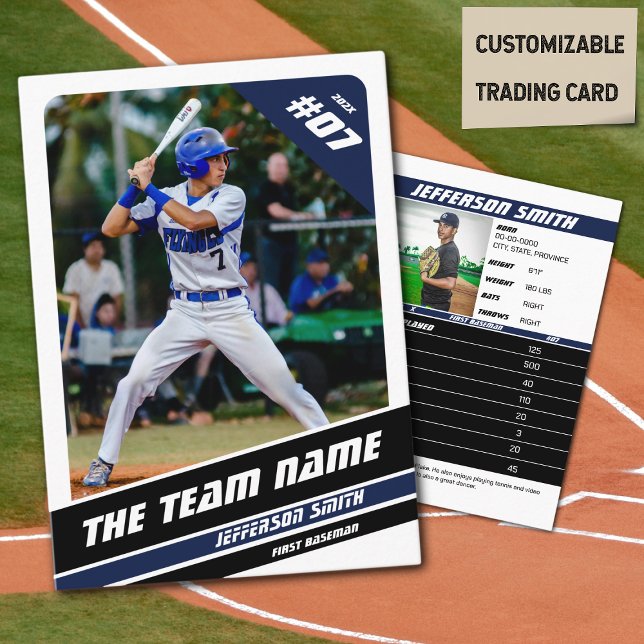 Cartão de Transação da Equipe de Baseball com Pres (Baseball Player Trading Card in White with Custom Team Name and White Blue Elements)