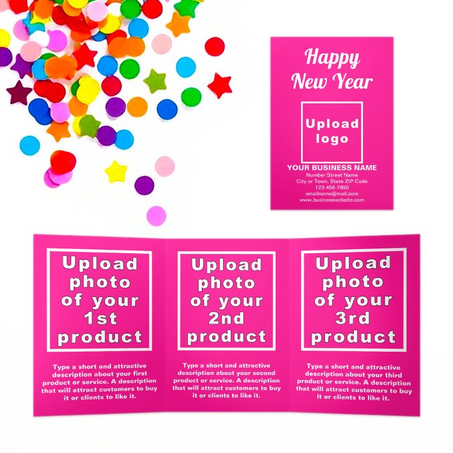 Cartão de Triplo Rosa de Ano Novo para Empresas (New Year greeting, business brand and products on pink trifold card)