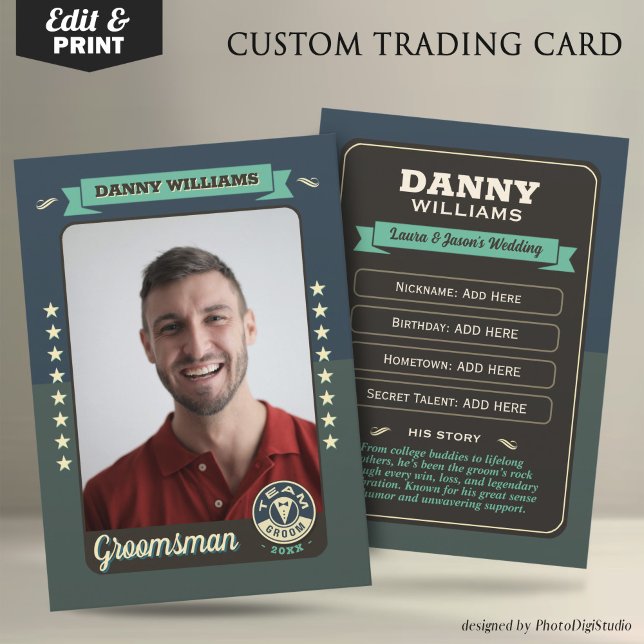 Cartão de Troca da Equipe do Noivo Personalizado,  (Custom Team Groom Trading Card, Groomsmen Gifts Best Man Trading Card, Retro Wedding Cards)