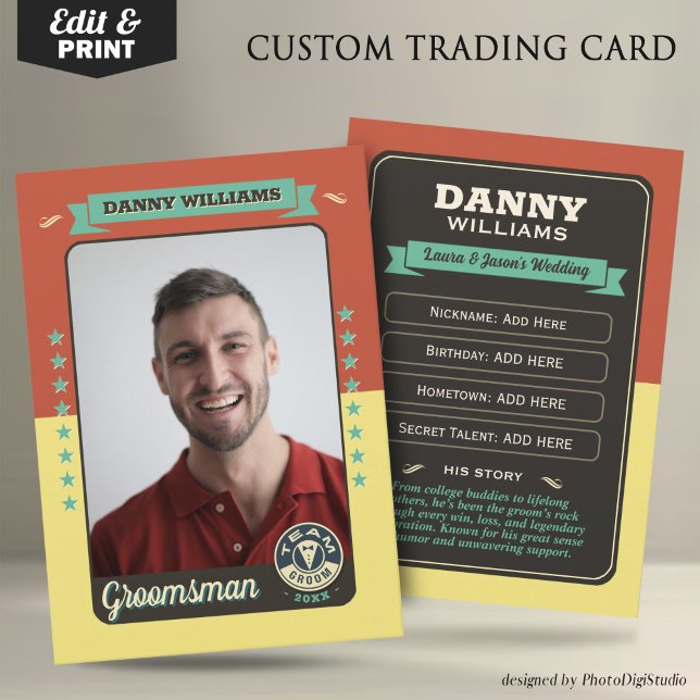 Cartão de Troca de Equipe Personalizado para o Noi (Custom Team Groom Trading Card, Groomsmen Gifts Best Man Trading Card, Retro Wedding Cards)