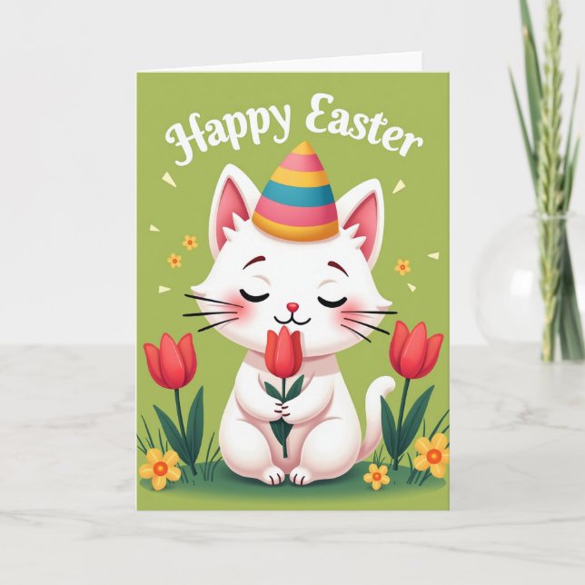 Cartão de Tulipa de Gato Fofo de Primavera (Frente)