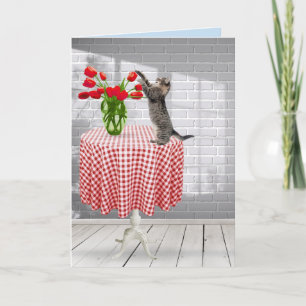 Cartão de Tulipas Vermelhas de Aniversário e Gato