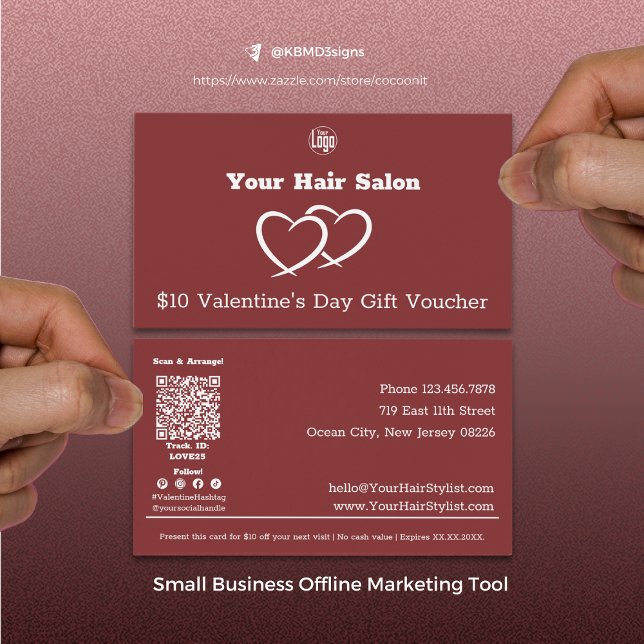 Cartão de Vale-Presente do Dia dos Namorados para  (Modern Burgundy Hairstylist Valentine's Day Gift Voucher Card, Small Business Offline Marketing Tool)