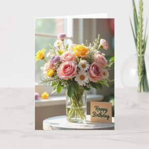 Cartão de Vase de Flores de Aniversário Alegre