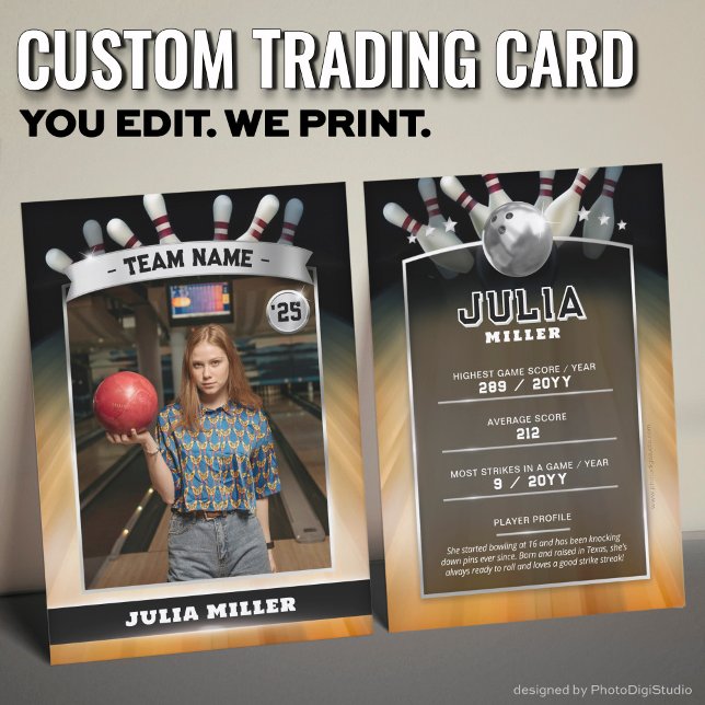 Cartão de Venda de Boliche Personalizado, Cartão d (Custom Bowling Trading Card, Modern Bowler Card Silver )
