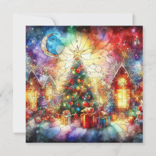 Cartão de Vestígio de Vidro com Aquarela de Natal