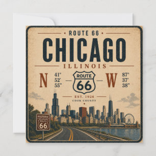 Cartão de Viagem Retro da Rota 66 de Chicago