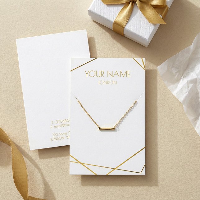 Cartão de vídeo geométrico ou colar Dourado (Gold geometric necklace and bracelet display card.)