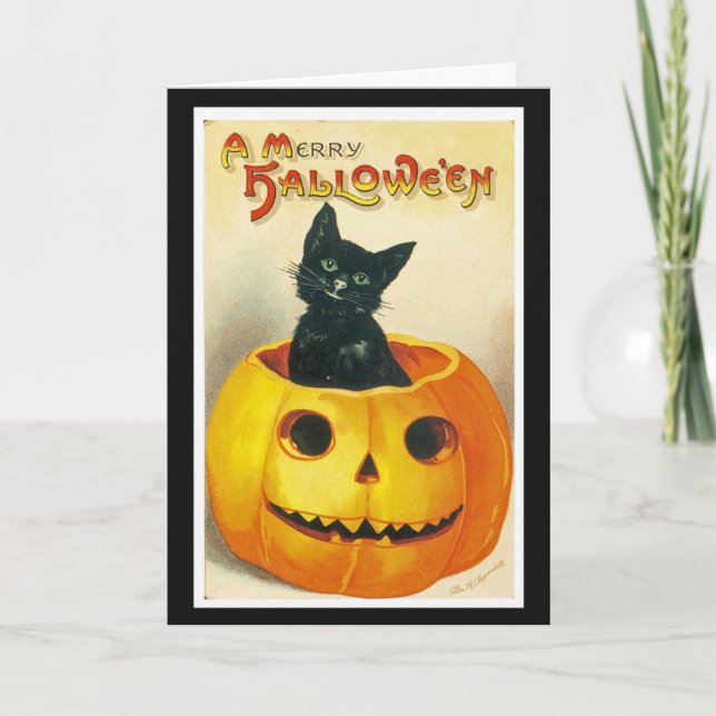 Cartão de Vintage Halloween com Gato Preto (Frente)