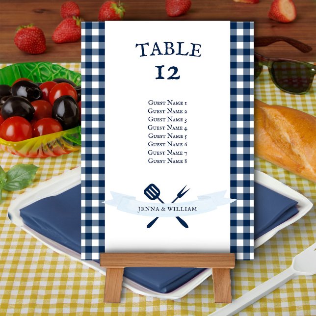 Cartão de Vintage Marinho Azul Gingham (Table Seating card from my Rustic Farmhouse BBQ Bridal Shower collection)