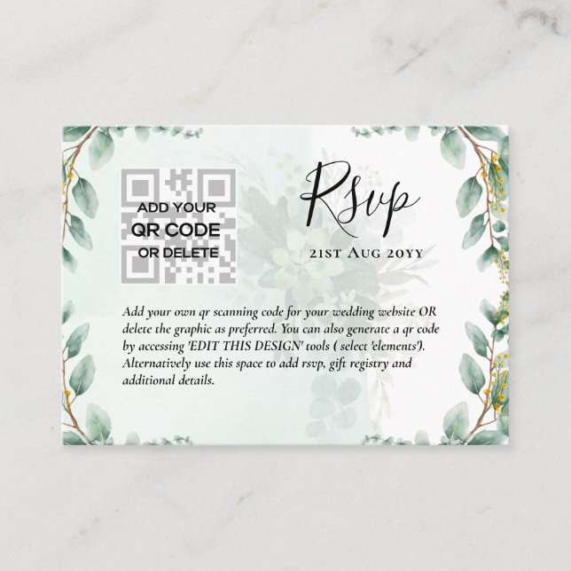Cartão De Visita 100 x QR CODE WEDDING RSVP Eucalyptus PHOTO Budget (Frente)